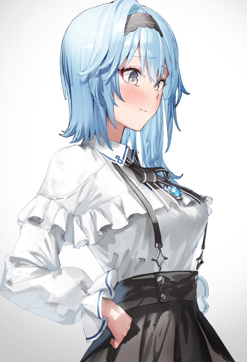 1girl absurdres bangs black_hairband black_skirt blue_hair blush breasts brooch collared_shirt eula_(genshin_impact) genshin_impact grey_eyes hairband highres jewelry large_breasts long_sleeves medium_hair shirt sidelocks skirt suspender_skirt suspenders white_shirt xkirara39x