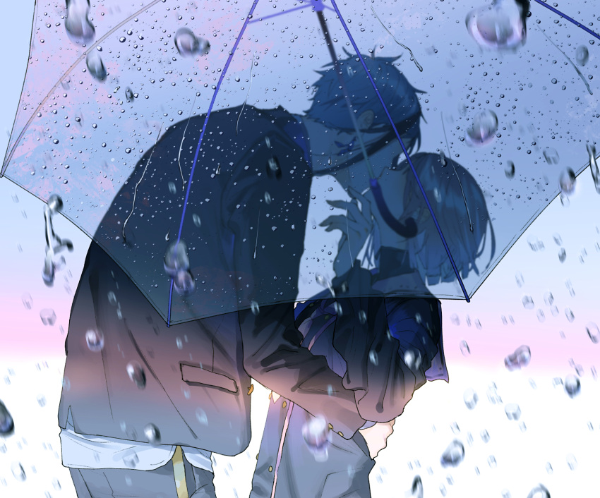 1boy 1girl bentouoic blue_hair commentary_request cowboy_shot floyd_leech hetero highres kiss night_raven_college_uniform outdoors rain school_uniform shared_umbrella short_hair transparent transparent_umbrella twisted_wonderland umbrella yuu_(twisted_wonderland)