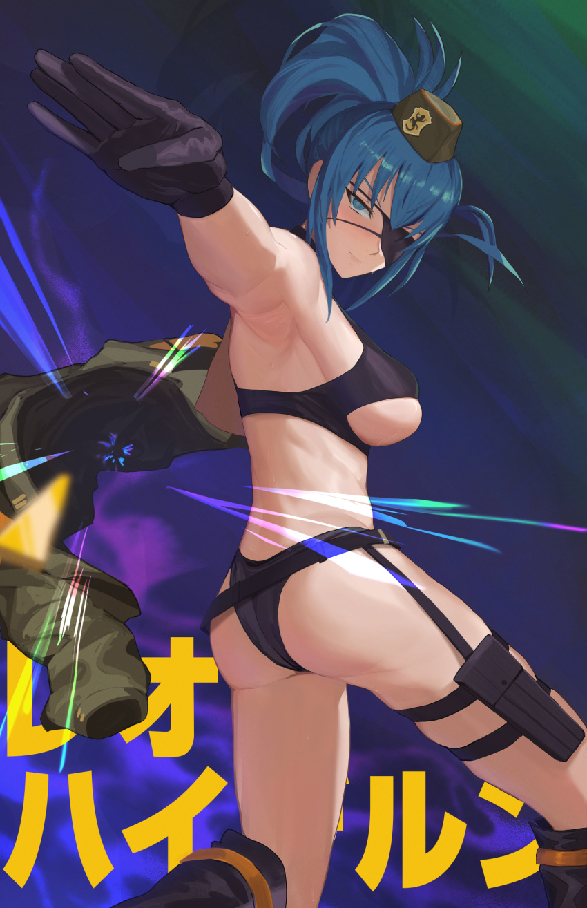 armpits ass background_text bare_shoulders belt bikini black_bikini black_gloves black_legwear blue_eyes blue_hair boots breasts clenched_hand commentary_request eyepatch from_behind from_side gloves godsh0t green_jacket halterneck hat highres holster jacket jacket_removed knee_boots knees_up lens_flare leona_heidern looking_at_viewer military_hat outstretched_arm ponytail revealing_clothes snk_heroines:_tag_team_frenzy sweat swimsuit the_king_of_fighters thigh_strap thighs thong throwing translated twisted_torso under_boob