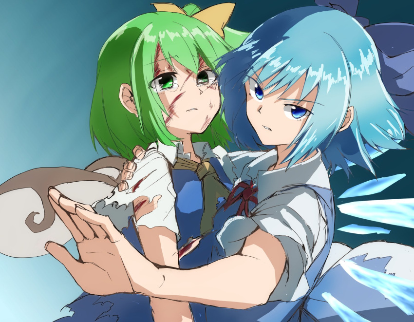 2girls ascot blue_background blue_bow blue_eyes blue_hair blue_skirt blue_vest bow cirno closed_mouth commentary_request crying crying_with_eyes_open cuts daiyousei eyebrows_visible_through_hair fairy fairy_wings fingernails gradient gradient_background green_eyes green_hair hair_bow highres ice ice_wings injury light_blue_hair multiple_girls neck_ribbon puffy_short_sleeves puffy_sleeves red_ribbon ribbon s_mika2000 shirt short_hair short_sleeves side_ponytail skirt tears torn_ascot torn_clothes torn_shirt torn_vest touhou vest white_shirt wings yellow_ascot