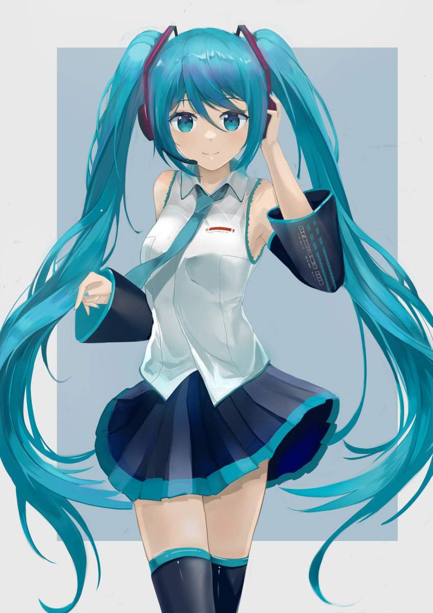 1girl absurdres bangs black_legwear black_skirt black_sleeves blue_eyes blue_hair blue_nails blue_necktie border closed_mouth collared_shirt cowboy_shot detached_sleeves dress_shirt eyebrows_visible_through_hair floating_hair grey_background grey_border hair_between_eyes hair_ornament hatsune_miku headphones headset highres long_hair long_sleeves looking_at_viewer microphone miniskirt nail_polish necktie outside_border pleated_skirt print_sleeves see-through see-through_sleeves shiny shiny_hair shirt skirt sleeveless sleeveless_shirt smile solo standing thigh-highs twintails very_long_hair vocaloid white_shirt wing_collar yeahhhh_(rant4558)