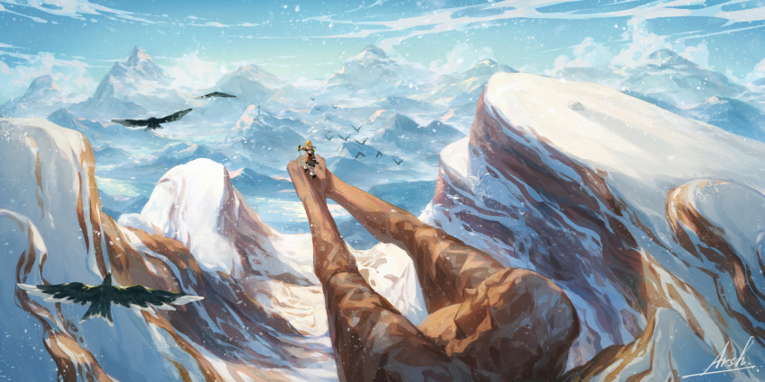 1boy animal arm_at_side arsh_(thestarwish) artist_name bird blonde_hair clouds day flock from_behind giant highres holding holding_sword holding_weapon link male_focus mountain mountainous_horizon nature outdoors outstretched_arm own_hands_together planted planted_sword scenery signature sky snow snowing standing sword the_legend_of_zelda the_legend_of_zelda:_breath_of_the_wild v_arms weapon wide_shot wind
