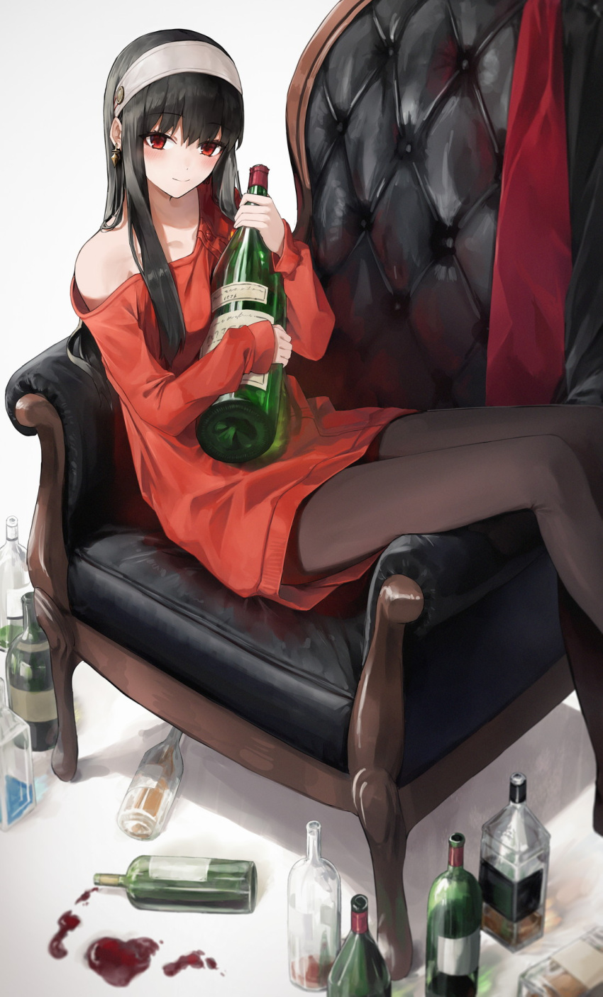 1girl alcohol bare_shoulders black_hair blush bottle brown_legwear champagne drink drunk earrings ebiri_fy hairband highres holding holding_bottle jewelry long_hair long_sleeves off-shoulder_sweater off_shoulder on_chair pantyhose red_eyes red_sweater simple_background sitting smile solo spill spy_x_family sweater whiskey white_background wine_bottle yor_briar