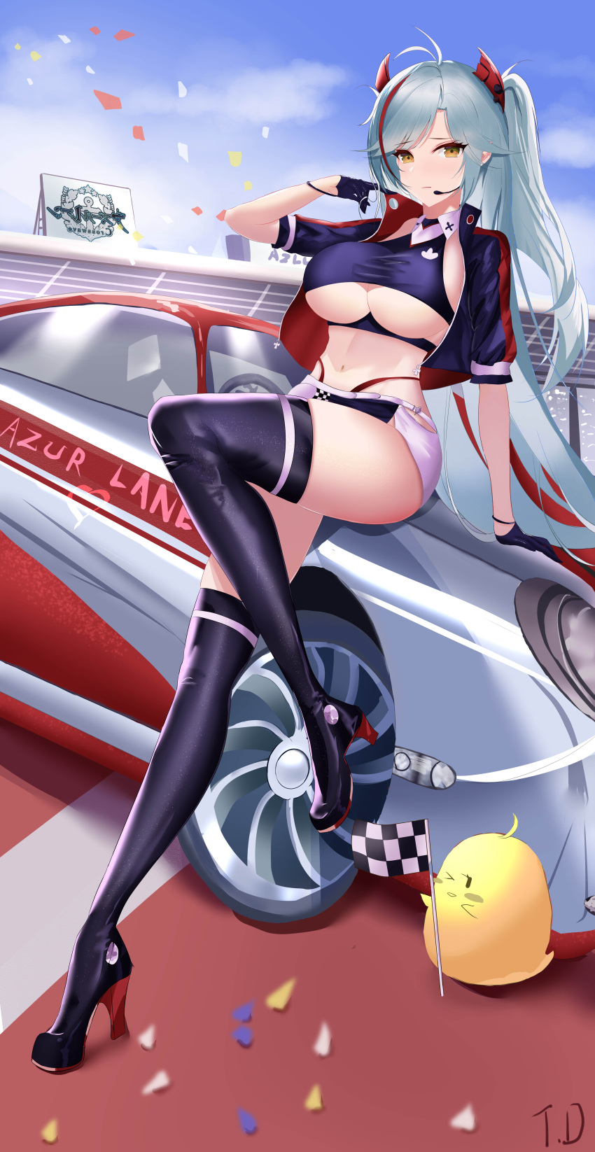 1girl absurdres azur_lane belt boots breasts car checkered_flag clothing_cutout confetti cropped_jacket cropped_shirt day earpiece flag full_body gloves grey_hair ground_vehicle half_gloves headgear high_heel_boots high_heels highres holding holding_flag incredibly_absurdres jacket large_breasts leg_up long_hair looking_at_viewer manjuu_(azur_lane) microskirt motor_vehicle multicolored_hair nanoda002_(saber427) navel official_alternate_costume orange_eyes outdoors panties panty_straps prinz_eugen_(azur_lane) prinz_eugen_(final_lap)_(azur_lane) purple_footwear purple_gloves purple_jacket purple_skirt racequeen red_panties redhead skirt solo streaked_hair thigh-highs thigh_boots thighs two-tone_hair two-tone_skirt under_boob underboob_cutout underwear white_belt white_skirt