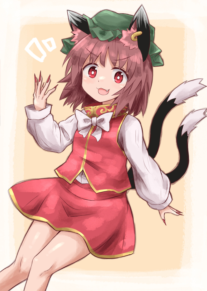 1girl :3 :d animal_ears bow bowtie brown_hair cat_ears cat_tail chen chups fang fingernails green_headwear hat highres jewelry long_fingernails long_sleeves looking_at_viewer mob_cap multiple_tails nail_polish nekomata open_mouth red_eyes red_nails red_skirt red_vest sharp_fingernails shirt short_hair skirt skirt_set smile solo tail touhou two_tails vest white_shirt