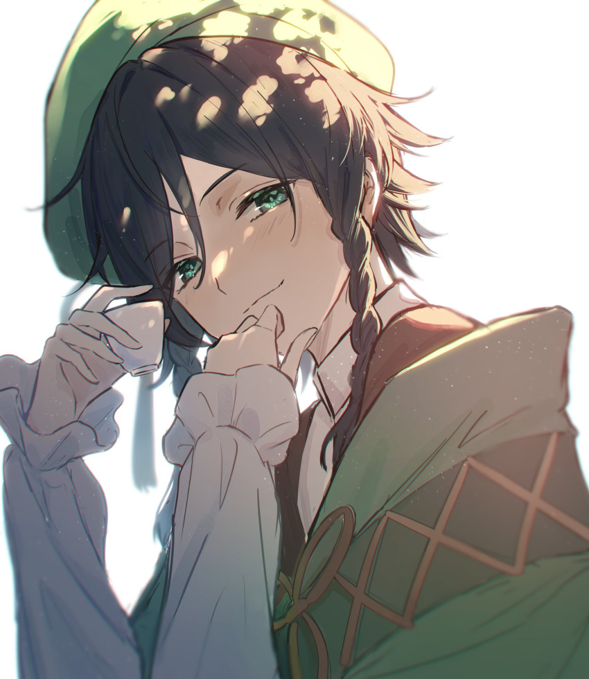 1boy bangs beret black_hair blush braid commentary_request cup genshin_impact green_eyes green_headwear hair_between_eyes hat highres holding holding_cup long_sleeves looking_at_viewer male_focus mskmmti simple_background solo twin_braids upper_body venti_(genshin_impact) white_background