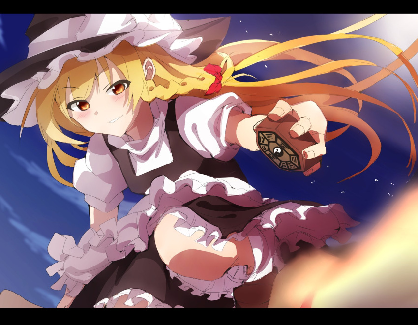 1girl apron black_headwear black_skirt black_vest blonde_hair bow braid breasts broom broom_riding buttons clouds cloudy_sky commentary_request eyebrows_visible_through_hair frilled_apron frilled_hat frilled_skirt frills grin hair_bow hat highres holding kirisame_marisa long_hair mini-hakkero night night_sky puffy_short_sleeves puffy_sleeves red_bow s_mika2000 shirt short_sleeves side_braid side_ponytail single_braid skirt sky small_breasts smile touhou turtleneck very_long_hair vest white_apron white_shirt witch witch_hat yellow_eyes