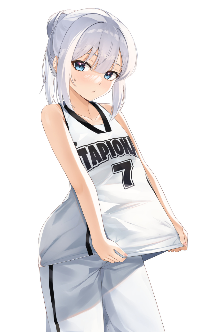 1girl bangs bare_arms bare_shoulders basketball_jersey blue_eyes closed_mouth collarbone eyebrows_visible_through_hair grey_hair hair_between_eyes hair_bun highres looking_at_viewer original ponytail shorts simple_background solo sweat tapioka_(oekakitapioka) white_background white_shorts