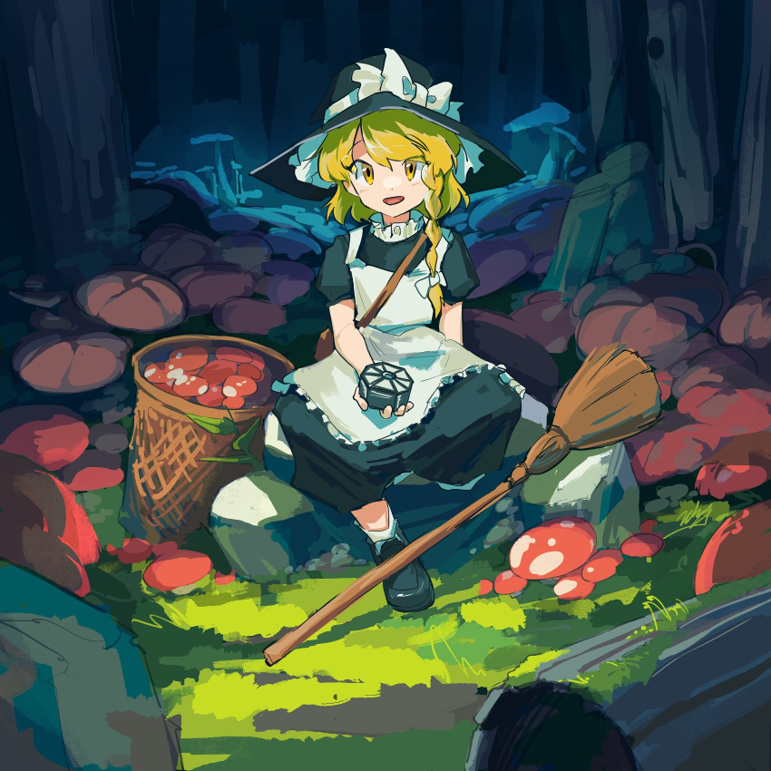 1girl apron black_dress black_footwear black_headwear blonde_hair bow braid breasts commentary_request doggo_1d34 dress forest_of_magic frilled_apron frills grass happy hat hat_bow highres holding kirisame_marisa loafers medium_breasts mini-hakkero mushroom open_mouth outdoors puffy_short_sleeves puffy_sleeves rock shoes short_sleeves side_braid single_braid sitting solo teeth touhou upper_teeth white_apron white_bow witch witch_hat yellow_eyes