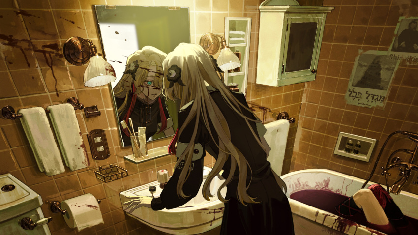 2girls absurdres aqua_eyes asymmetrical_legwear asymmetrical_sleeves bathroom bathtub black_coat blood blood_splatter blood_stain cabinet coat commentary cowboy_shot expressionless faucet grey_hair hair_ornament hair_over_one_eye highres indoors isekai_joucho kamitsubaki_studio lamp light_switch long_hair long_sleeves mirror multicolored_hair multiple_girls naluse_flow parted_lips redhead reflection sink solo_focus tile_wall tiles toilet_paper toothbrush towel two-tone_hair uneven_sleeves virtual_youtuber wall_lamp