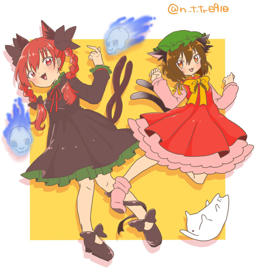 2girls :3 :d animal_ear_fluff animal_ears ass black_bow black_dress black_footwear blue_eyes bow braid brown_eyes brown_hair cat cat_ears cat_tail chen dress earrings flaming_skull floating_skull footwear_bow friends ghost green_headwear happy highres hitodama jewelry kaenbyou_rin leg_ribbon long_hair mary_janes multiple_girls multiple_tails n_t_tr0910 nekomata red_bow red_dress red_eyes redhead ribbon shadow shoes short_hair signature simple_background single_earring skull smile tail touhou twin_braids two_tails white_cat yellow_background yellow_bow