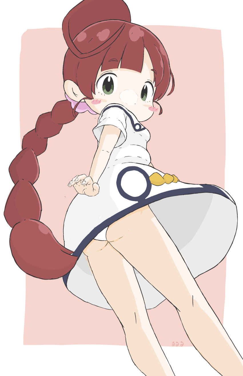 1girl absurdres ass bangs blush_stickers braid brown_background brown_hair chloe_(pokemon) commentary dress eyebrows_visible_through_hair from_below from_side green_eyes hair_ornament hair_scrunchie highres long_hair looking_at_viewer looking_down looking_to_the_side panties pink_scrunchie pokemon pokemon_(anime) rururu_(pyrk8855) scrunchie short_eyebrows short_sleeves single_braid solo thick_eyebrows two-tone_background underwear very_long_hair white_background white_dress white_panties