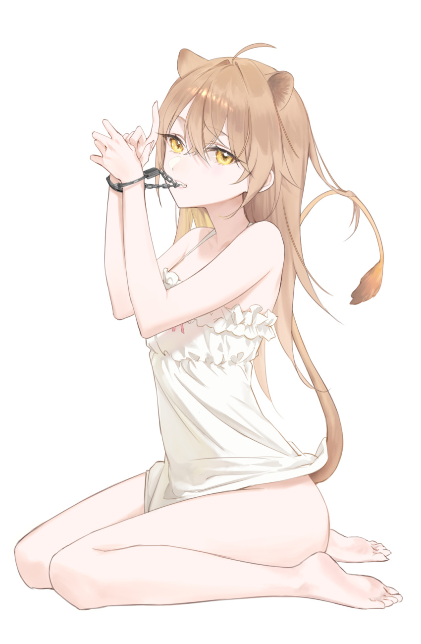 1girl ahoge animal_ears bangs bare_arms bare_legs barefoot biting brown_hair crossed_bangs cuffs from_side full_body hair_between_eyes handcuffs hands_up highres indie_virtual_youtuber lion_ears lion_girl lion_tail long_hair looking_at_viewer rurudo_lion shirt simple_background sitting solo tail tail_raised uda1224 virtual_youtuber wariza white_background white_shirt yellow_eyes