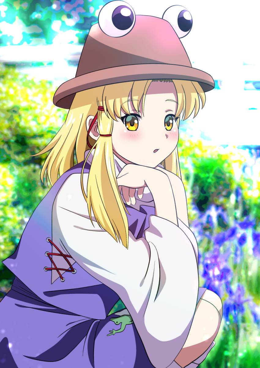 1girl animal_print bangs blonde_hair eyebrows_visible_through_hair frog_print hat highres moriya_suwako murasaki_tsutsuji open_mouth purple_skirt shirt skirt squatting touhou white_shirt yellow_eyes