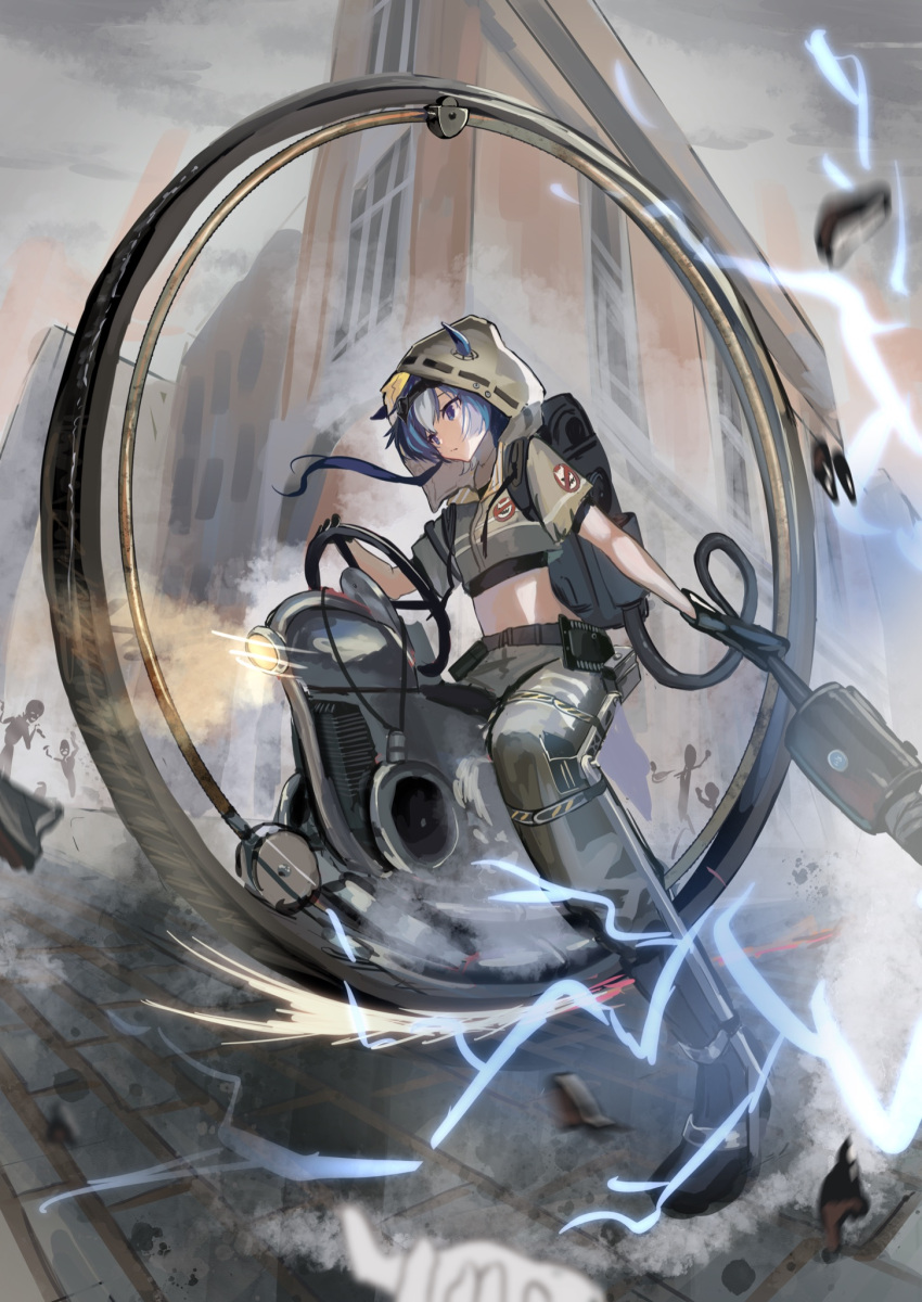 1girl arknights bangs blue_eyes blue_hair closed_mouth crop_top ears_through_headwear electricity eyewear_on_head glaucus_(arknights) glaucus_(exterminator_in_the_square)_(arknights) highres hood hood_up leg_brace low_ponytail monowheel multicolored_hair natsuba002 official_alternate_costume pants short_sleeves solo streaked_hair