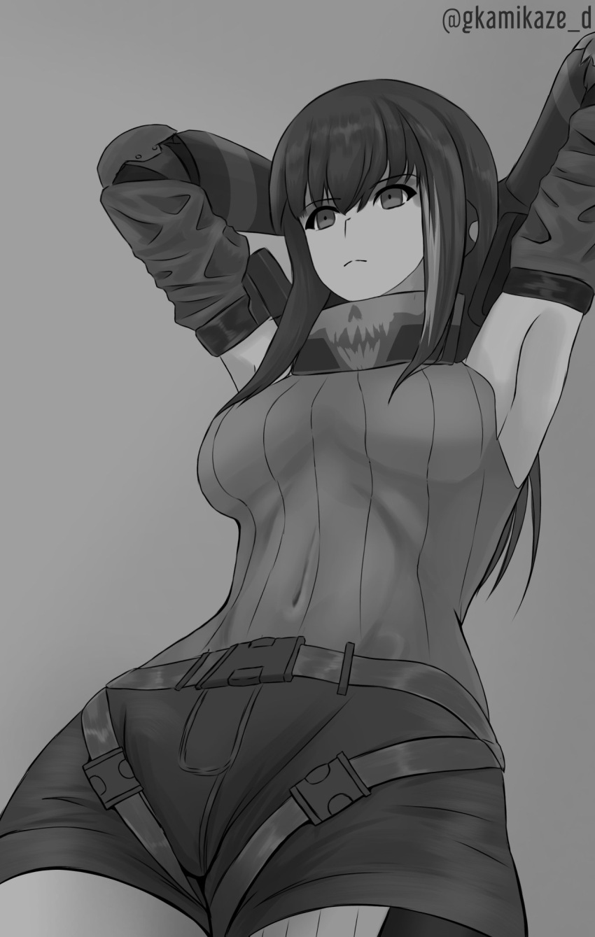 1girl bangs breasts cowboy_shot dgkamikaze elbow_gloves expressionless gigachad_(meme) girls_frontline gloves highres leotard_sweater long_hair m4a1_(girls'_frontline) medium_breasts meme monochrome shorts sidelocks sleeveless solo