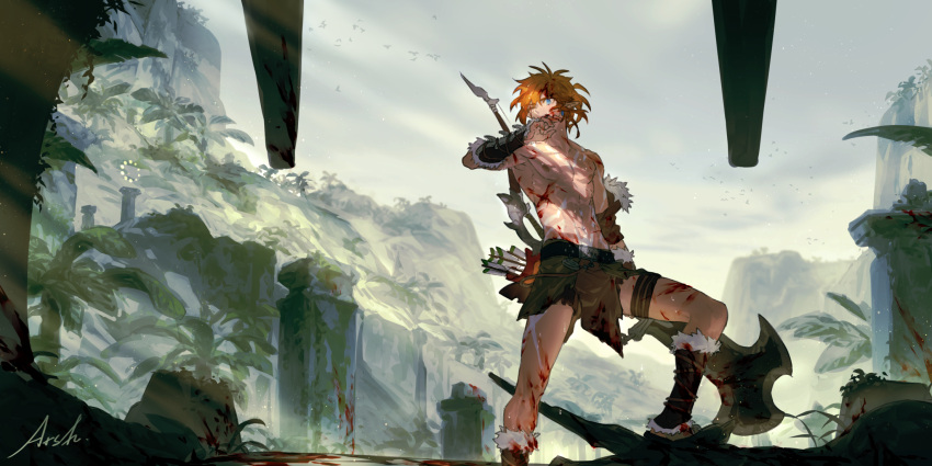 1boy arm_guards arrow_(projectile) arsh_(thestarwish) artist_name bangs barbarian_set_(zelda) bird bleeding blonde_hair blood blood_on_arm blood_on_chest blood_on_clothes blood_on_face blood_on_leg blood_splatter blue_eyes bodypaint bow_(weapon) covered_mouth covering_mouth cuts day earrings flock fur_trim halberd hand_over_own_mouth hand_up highres holding holding_polearm holding_weapon injury jewelry jungle knee_up link looking_away looking_to_the_side male_focus mountain nature nipples official_alternate_costume one_eye_closed orange_hair outdoors overcast pointy_ears polearm ponytail quiver ruins scenery shade shin_guards shoes signature sky solo standing sunlight sweat sword tattoo the_legend_of_zelda the_legend_of_zelda:_breath_of_the_wild thigh_strap toned toned_male topless_male tree weapon weapon_on_back wet wet_hair wide_shot