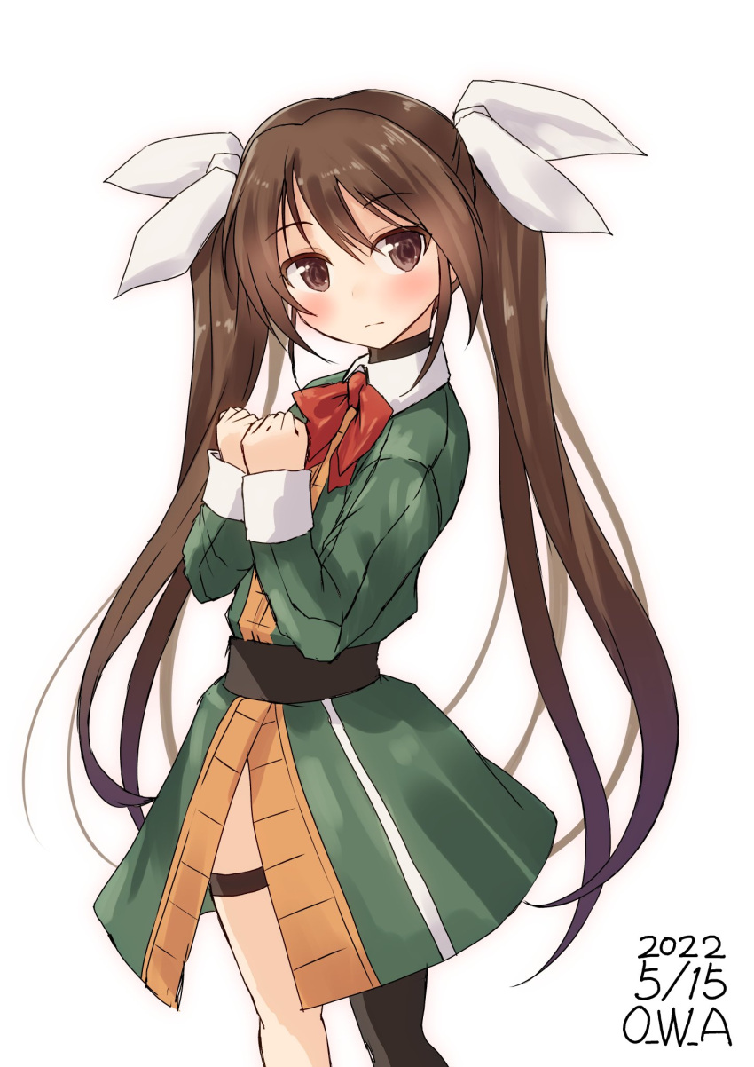 1girl adapted_costume artist_name asymmetrical_legwear black_legwear bow bowtie brown_hair commentary_request cowboy_shot dated dress green_dress hair_between_eyes hair_ribbon highres kantai_collection long_hair looking_at_viewer one-hour_drawing_challenge owa_(ishtail) red_bow red_bowtie ribbon simple_background solo standing tone_(kancolle) twintails uneven_legwear white_background