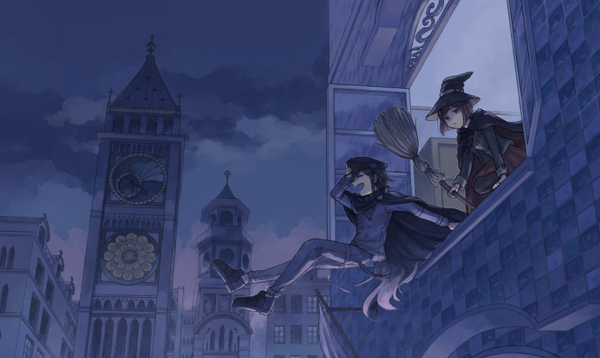 1boy 1girl :d absurdres bangs black_cape black_headwear black_legwear broom brown_vest buttons cape city clock clock_tower clouds danganronpa_(series) danganronpa_v3:_killing_harmony double-breasted grey_jacket grey_pants hat highres holding holding_broom jacket kudo_(kddrv3) long_sleeves looking_at_viewer night open_mouth ouma_kokichi outdoors pants pantyhose pleated_skirt red_skirt redhead shoes short_hair skirt smile tower vest witch_hat yonaga_angie