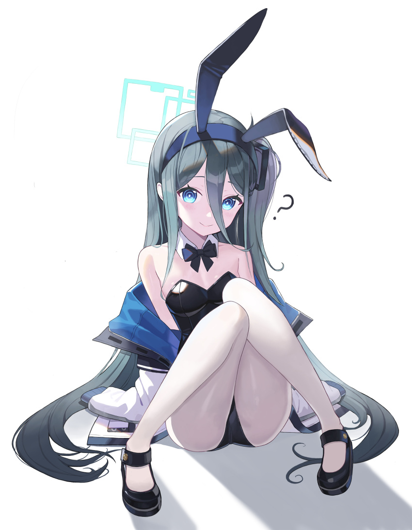 1girl ? absurdly_long_hair absurdres animal_ears arisu_(blue_archive) black_hair black_leotard blue_archive bow bowtie breasts detached_collar dlgustkdsla fake_animal_ears halo highres jacket knees_up leotard long_hair off_shoulder one_side_up playboy_bunny rabbit_ears simple_background sitting small_breasts solo very_long_hair white_background