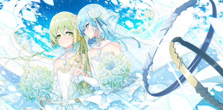 2girls alternate_costume bangs bare_shoulders blue_choker blue_eyes blue_flower blue_hair blue_ribbon blue_rose blue_sky blush bouquet brown_choker choker cirno closed_mouth clouds cloudy_sky collarbone commentary_request cross cross_print daiyousei dress elbow_gloves eyebrows_visible_through_hair fingernails flower gem gloves gradient gradient_sky green_eyes green_hair hair_between_eyes hair_flower hair_ornament hair_ribbon hands_up highres jewelry leaf looking_at_another multiple_girls necklace petals ribbon ring rose sakuraba_yuuki short_hair side_ponytail sky smile sparkle standing touhou wedding_dress wedding_ring white_dress white_flower white_gloves white_ribbon yellow_ribbon yuri