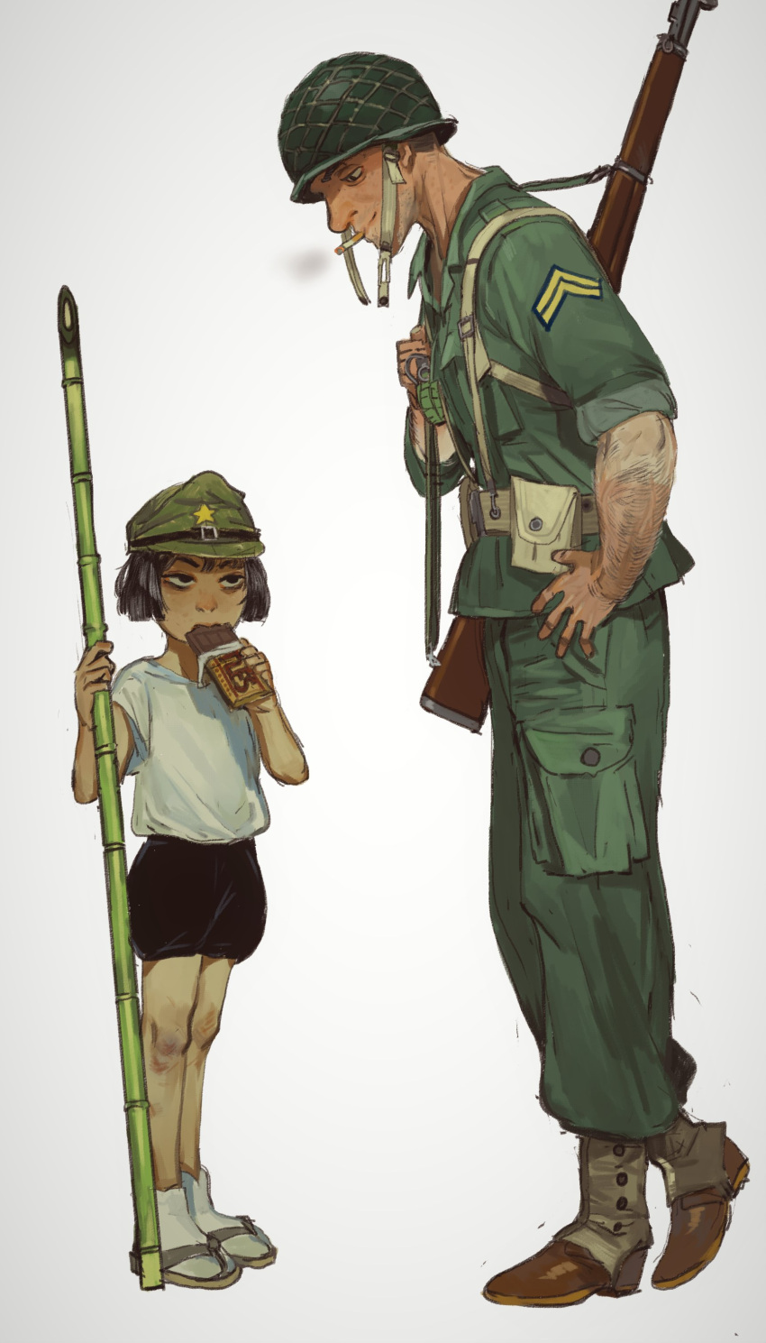 1boy 1girl absurdres age_difference assault_rifle bamboo black_hair black_shorts boots brown_footwear child chocolate cigarette closed_mouth eating green_headwear green_jacket green_pants gun hat helmet highres holding holding_polearm holding_weapon jacket mossacannibalis mouth_hold pants polearm rifle shirt shorts simple_background smile smoke soldier spear standing the_emperor's_last_soldiers weapon weapon_on_back white_background white_shirt