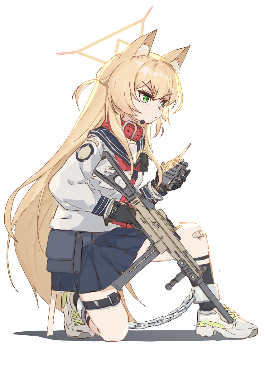 Safebooru - absurdres animal ears blonde hair blue archive bound bound legs  bound wrists chain cuffs green eyes gun handcuffs headphones highres kurumi  (blue archive) long hair restrained sailor sao6 sao7 school, image size:850x1202