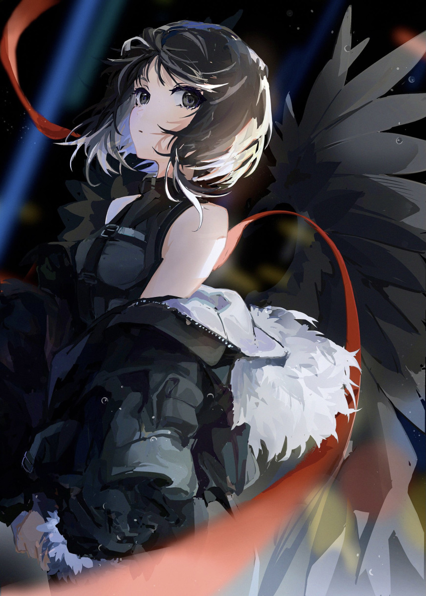 1girl absurdres arknights bangs bare_shoulders bird_girl bird_wings chinese_commentary commentary_request feather_hair fur-trimmed_jacket fur_trim grey_eyes highres jacket la_pluma_(arknights) looking_to_the_side off_shoulder open_clothes open_jacket parted_lips shelterouo shirt short_hair sleeveless sleeveless_shirt solo wings