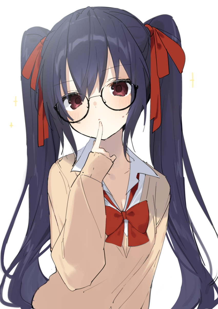 1girl absurdres black_hair black_skirt blush buran_buta cardigan glasses hair_between_eyes hair_ribbon highres long_hair long_sleeves looking_at_viewer neptune_(series) noire_(neptune_series) red_eyes red_ribbon ribbon school_uniform simple_background skirt solo twintails upper_body very_long_hair white_background yellow_cardigan