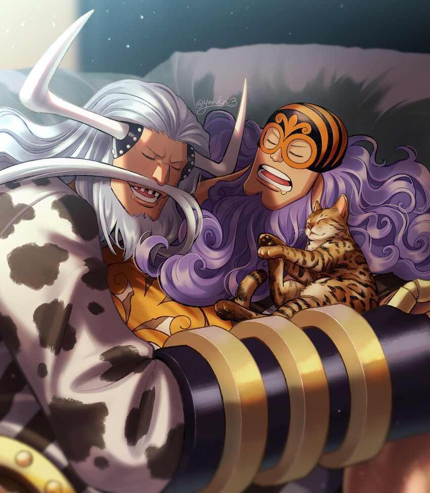 2boys animal avalo_pizarro beard cat closed_eyes coat curly_hair drooling eye_mask facial_hair gauntlets grey_hair highres horns indoors jesus_burgess long_hair lying lying_on_person male_focus mask missing_teeth multiple_boys mustache on_back on_side one_piece open_mouth pillow purple_hair shirt sleeping small_head smile twitter_username upper_body wrestling_mask youkan_(tako)