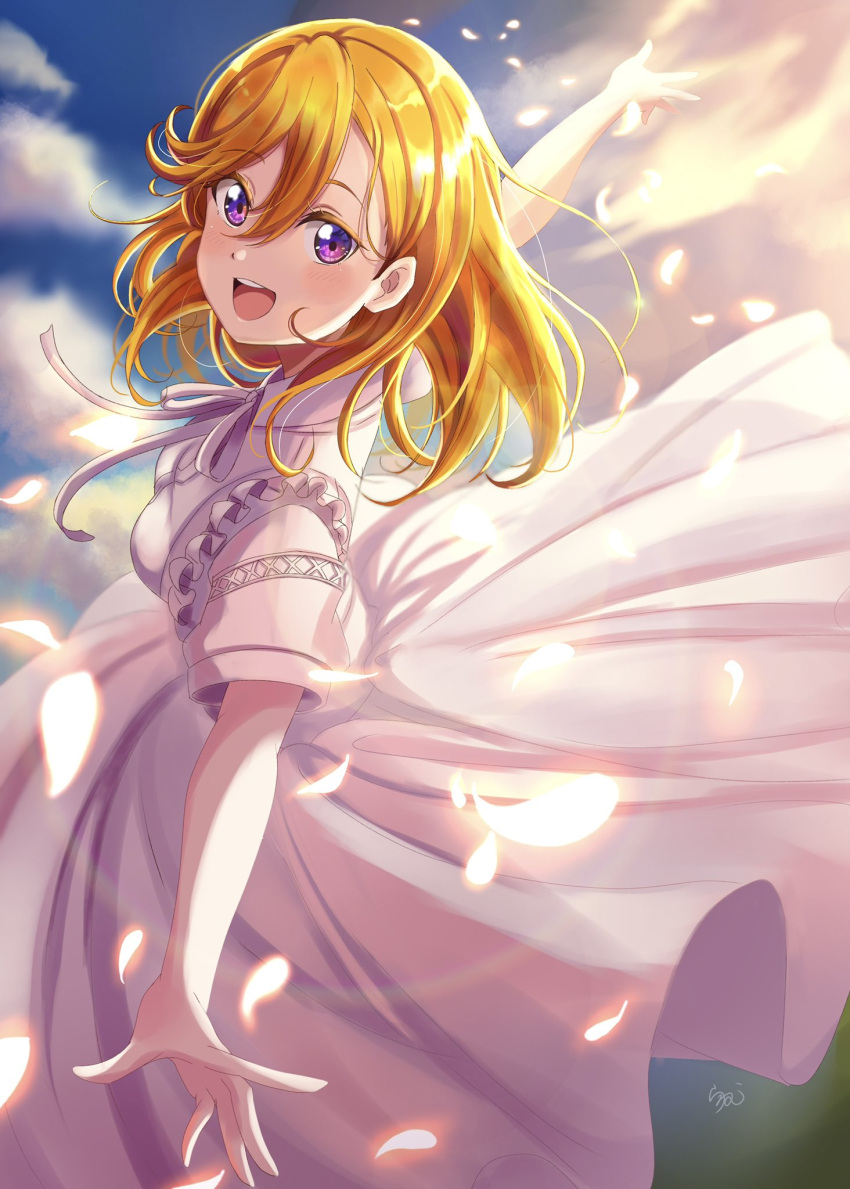 1girl :d dress english_commentary evening hair_between_eyes highres long_hair looking_at_viewer looking_back love_live! love_live!_superstar!! orange_hair outstretched_arms petals ranemu shibuya_kanon short_sleeves sidelighting signature sky smile spread_arms teeth tongue upper_teeth violet_eyes white_dress