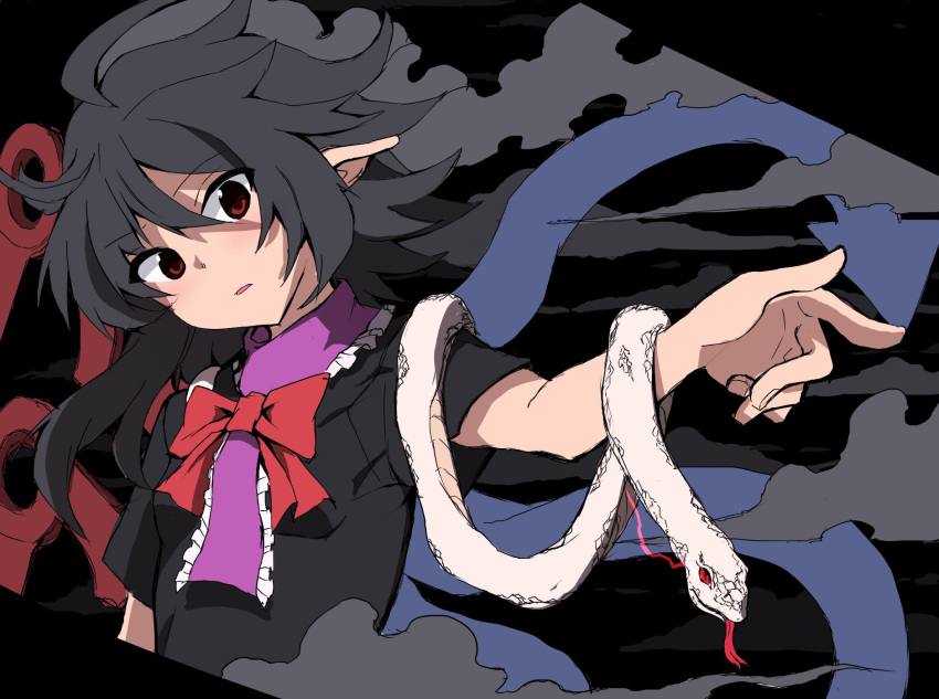 1girl asymmetrical_wings black_background black_dress black_hair blue_wings bow bowtie center_frills clouds commentary_request dress frills head_tilt highres houjuu_nue outstretched_arm pointy_ears red_bow red_bowtie red_eyes red_wings s_mika2000 short_hair short_sleeves snake solo touhou upper_body wings