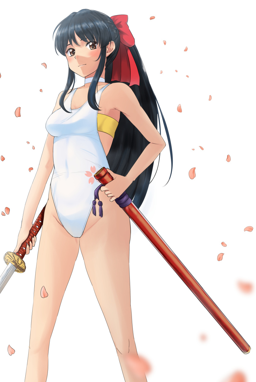 1girl alternate_costume bangs bare_arms bare_legs black_hair blurry blurry_foreground blush bow breasts brown_eyes casual_one-piece_swimsuit cherry_blossoms choker closed_mouth collarbone hair_bow highleg highleg_swimsuit highres holding holding_sheath holding_sword holding_weapon katana long_hair looking_at_viewer one-piece_swimsuit ponytail red_bow sakura_taisen sheath shinguuji_sakura shiny shiny_hair sidelocks simple_background small_breasts smile solo standing swimsuit sword unsheathed very_long_hair weapon white_background white_choker white_swimsuit yoo_tenchi