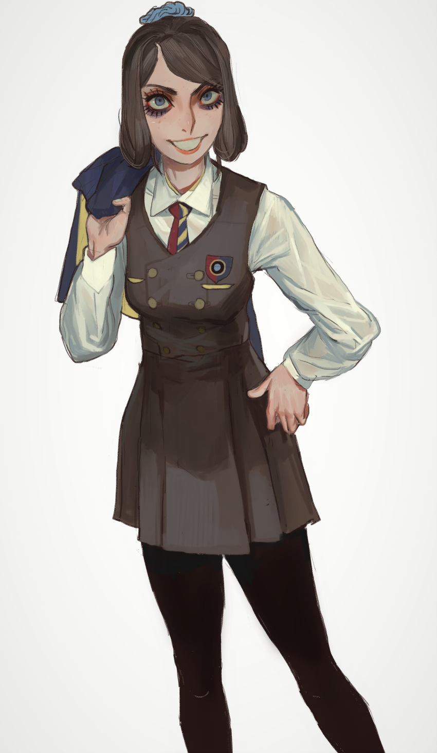 1girl absurdres black_legwear blue_eyes brown_dress brown_hair buttons collared_shirt double-breasted dress grin highres long_sleeves looking_at_viewer medium_hair mossacannibalis necktie original pantyhose red_necktie school_uniform shirt simple_background smile solo standing white_background white_shirt wing_collar