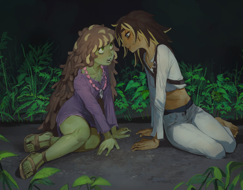 2girls absurdres arm_support blue_eyes blush borrowed_character breasts brown_hair closed_mouth colored_skin curly_hair eye_contact fingernails flower flower_necklace freckles grass green_eyes green_skin height_difference highres long_hair long_sleeves looking_at_another midriff mossacannibalis multicolored_hair multiple_girls on_ground open_mouth original pants purple_shirt sandals shirt sitting small_breasts smile streaked_hair toes tusks upturned_eyes white_pants white_shirt yuri