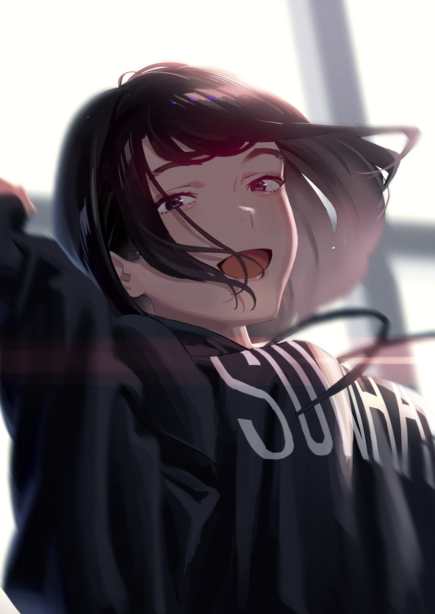 1girl :d absurdres black_eyes black_hair black_hoodie breasts clothes_writing commentary_request floating_hair happy highres hood hoodie looking_at_viewer medium_breasts medium_hair open_mouth original smile solo upper_body yukiyoshi_mamizu