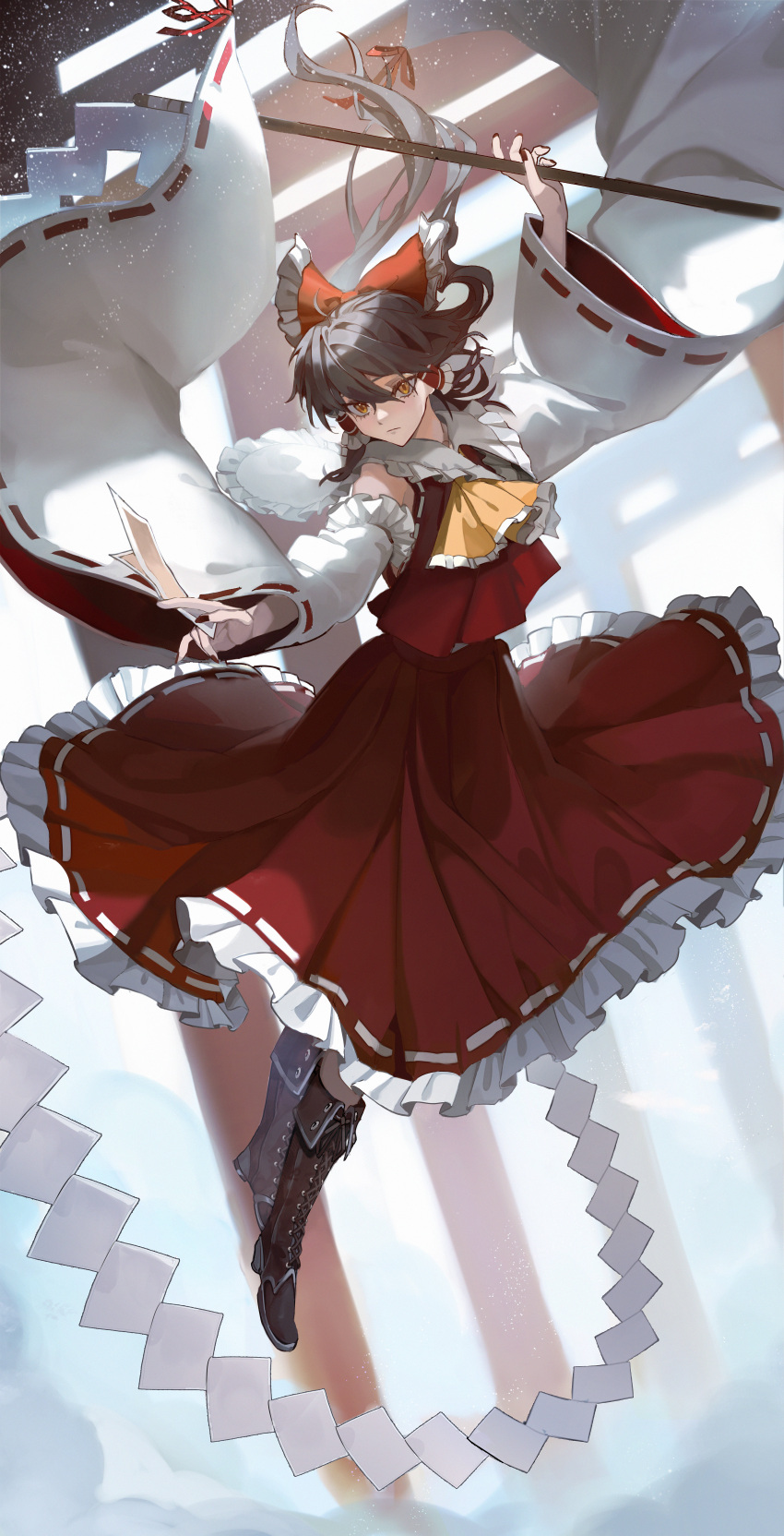 1girl absurdres ascot bare_shoulders between_fingers boots bow brown_eyes brown_footwear brown_hair closed_mouth detached_sleeves frilled_bow frilled_shirt_collar frilled_skirt frills full_body gohei hair_bow hair_tubes hakurei_reimu highres holding knee_boots long_hair long_skirt long_sleeves looking_at_viewer midair ofuda red_bow red_shirt shirt sidelocks skirt solo tokinhr torii touhou very_long_hair wide_sleeves yellow_ascot