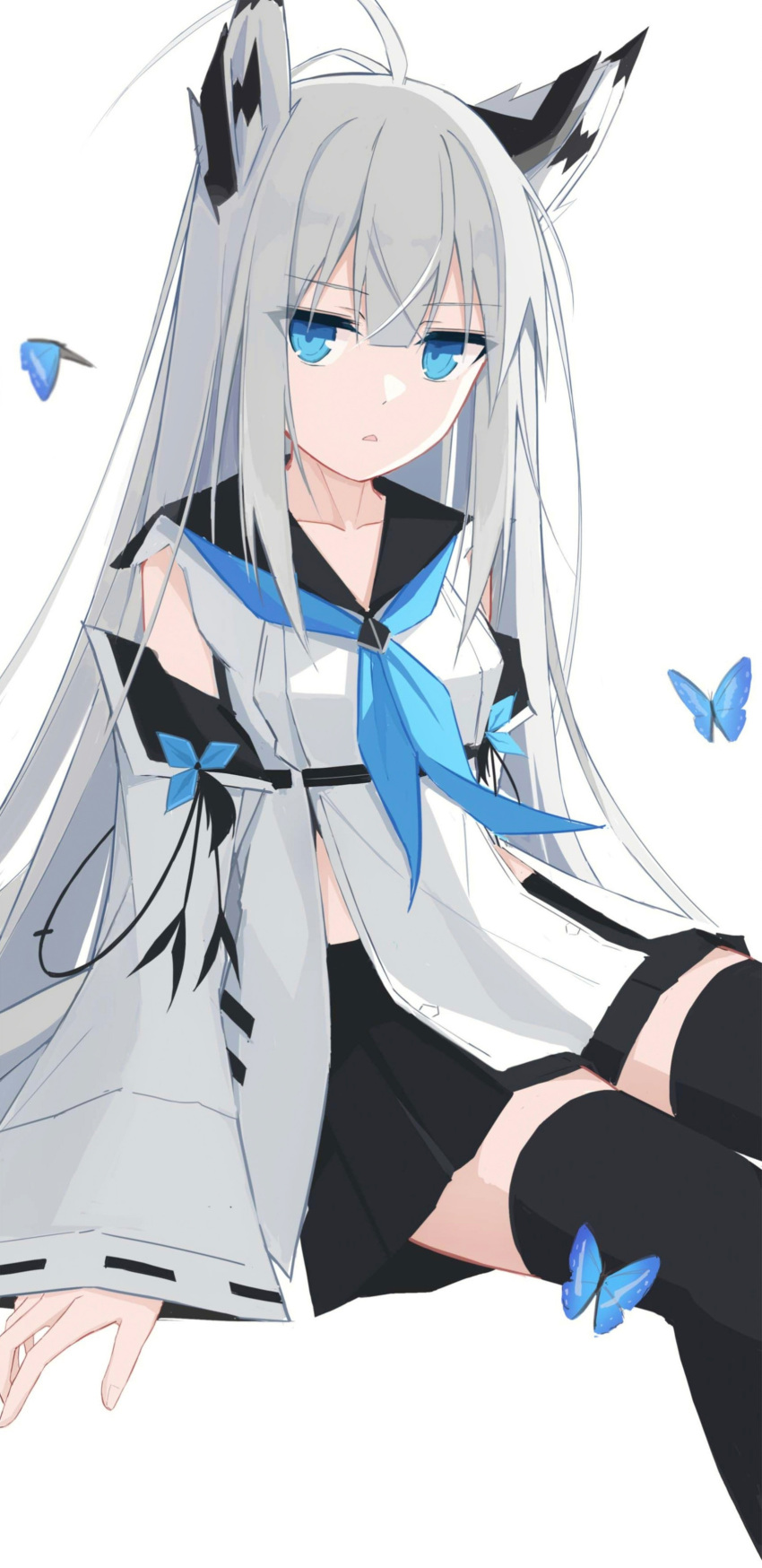 absurdres ahoge animal_ears azur_lane bangs black_skirt blue_eyes blue_neckerchief blue_ribbon bug butterfly collarbone crossed_bangs expressionless eyebrows_visible_through_hair fox_ears fox_girl fox_tail grey_hair highres kawakaze_(azur_lane) long_hair neckerchief nontraditional_miko pleated_skirt ribbon ribbon-trimmed_clothes ribbon-trimmed_sleeves ribbon_trim sailor_collar shasha_(shasha159357) skirt tail thigh-highs very_long_hair wide_sleeves zettai_ryouiki