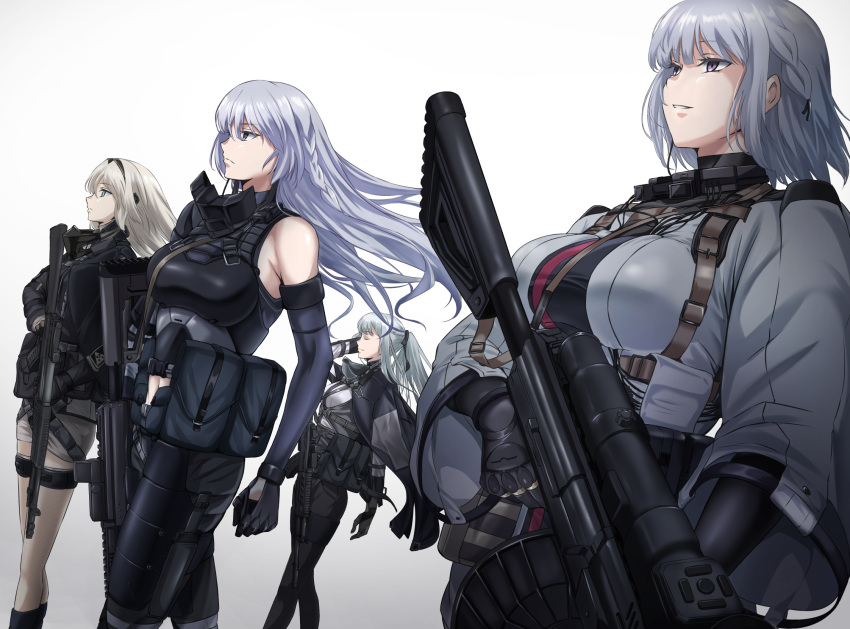 4girls ak-12 ak-12_(girls'_frontline) ak-15 ak-15_(girls'_frontline) ammunition_belt an-94 an-94_(girls'_frontline) aqua_eyes assault_rifle bangs black_cape black_gloves black_pants blonde_hair bodysuit braid breasts cape closed_eyes closed_mouth commentary defy_(girls'_frontline) eyebrows_visible_through_hair feet_out_of_frame girls_frontline gloves grey_hair gun hair_ornament hairclip hand_in_own_hair highres holding holding_gun holding_weapon jacket kalashnikov_rifle large_breasts long_hair looking_away machine_gun mask mask_around_neck medium_breasts megane_jigoku multiple_girls navel pants rifle rpk-16 rpk-16_(girls'_frontline) short_hair shorts standing tactical_clothes violet_eyes weapon white_background white_jacket white_shorts