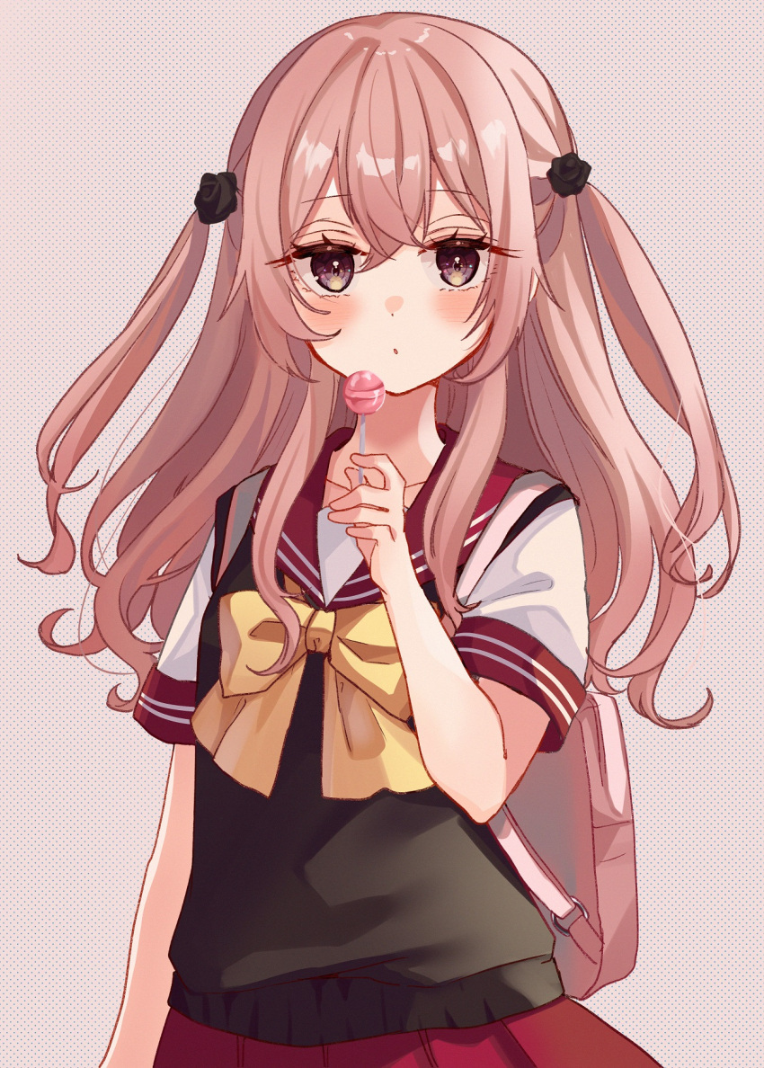 1girl bangs black_flower black_rose black_sweater_vest blush bow candy closed_mouth crossed_bangs eyebrows_visible_through_hair flower food hair_between_eyes hair_flower hair_ornament highres holding holding_candy holding_food holding_lollipop inui_sajuna lollipop long_hair looking_at_viewer pink_eyes pink_hair pleated_skirt red_sailor_collar red_skirt rino_cnc rose sailor_collar school_uniform serafuku shirt simple_background skirt solo sono_bisque_doll_wa_koi_wo_suru sweater_vest two_side_up white_shirt yellow_bow