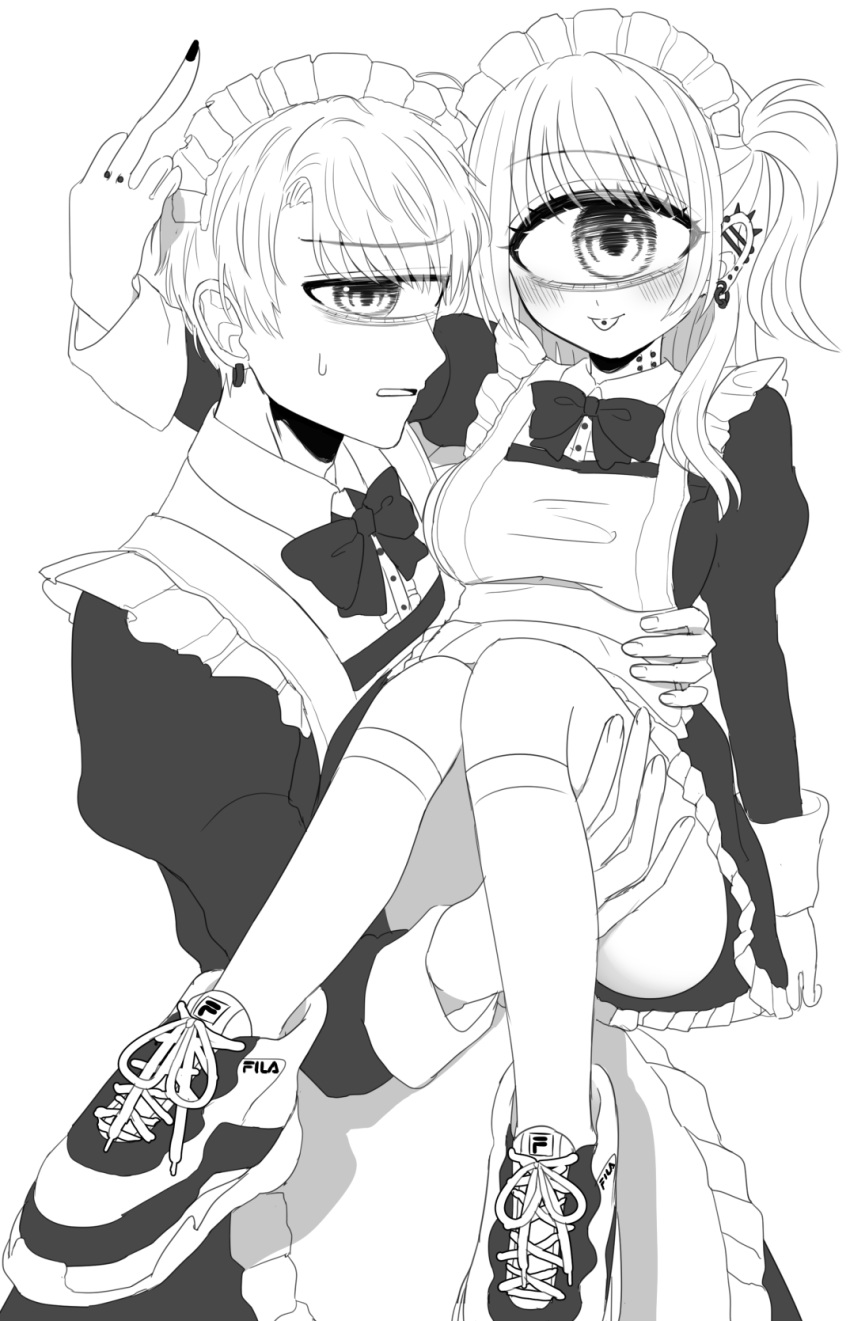 1boy 1girl azen_(mntimcczgrtn) bangs blush carrying crossdressing cyclops ear_piercing earrings eyebrows_visible_through_hair fila finger_piercing greyscale highres jewelry juliet_sleeves kneehighs long_hair long_sleeves looking_at_viewer looking_away maid maid_headdress monochrome monster_boy monster_girl multiple_earrings nail_polish neck_piercing neck_ribbon one-eyed original parted_bangs piercing puffy_sleeves ribbon shoes short_hair sketch sleeve_cuffs sneakers socks sweat tongue tongue_out tongue_piercing twintails