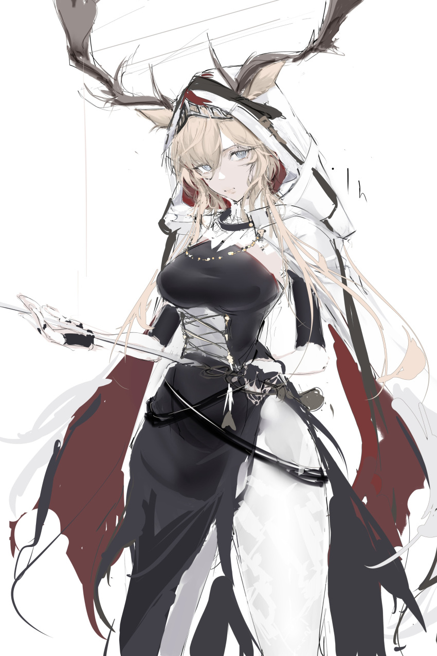 1girl absurdres animal_ears arknights blonde_hair blue_eyes cape drmaho1 highres horns long_hair looking_at_viewer viviana_(arknights) weapon white_background