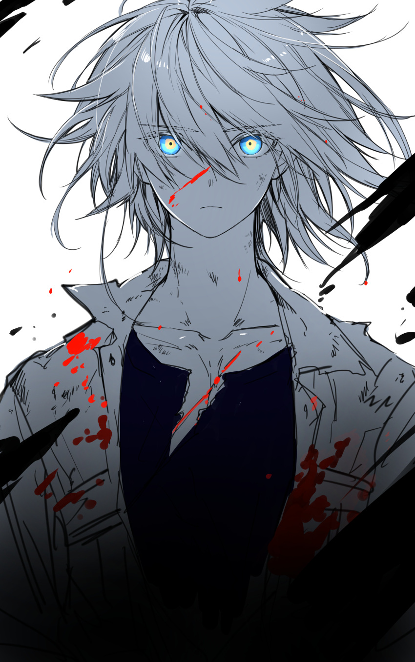 1boy absurdres bangs blood blood_on_chest blood_on_clothes blood_on_face blue_eyes collarbone floating_hair frown hair_between_eyes highres jacket looking_at_viewer male_focus monochrome multicolored_eyes original short_hair simple_background sketch solo spot_color straight-on straight_hair torn_clothes torn_jacket upper_body waka_(shark_waka) yellow_eyes