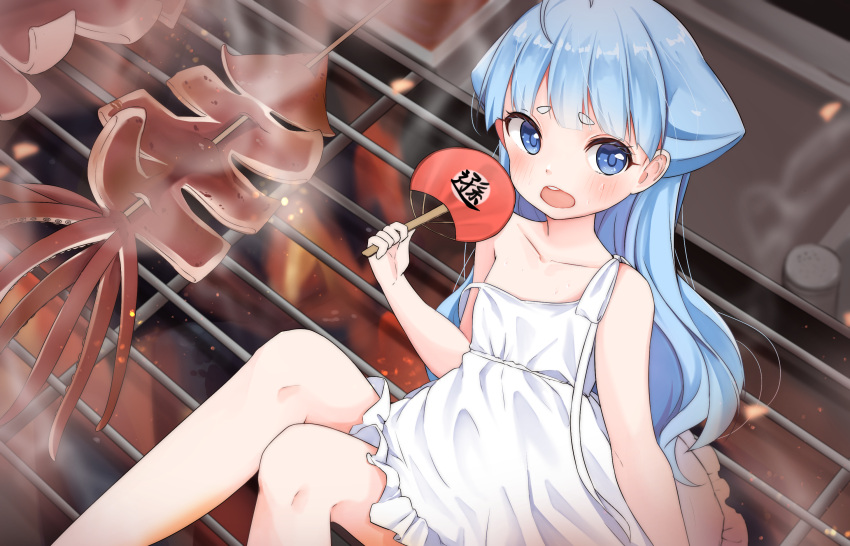 1girl :o ahoge atsuki_(pink0930cat) bangs bare_arms bare_legs blue_eyes blue_hair blush collarbone dress eyebrows_visible_through_hair fire grill grilled_fish hand_fan highres holding holding_fan knees_up long_hair looking_to_the_side open_mouth original sitting skewer solo squid strap_slip sweat tentacle_hair thick_eyebrows virtual_youtuber