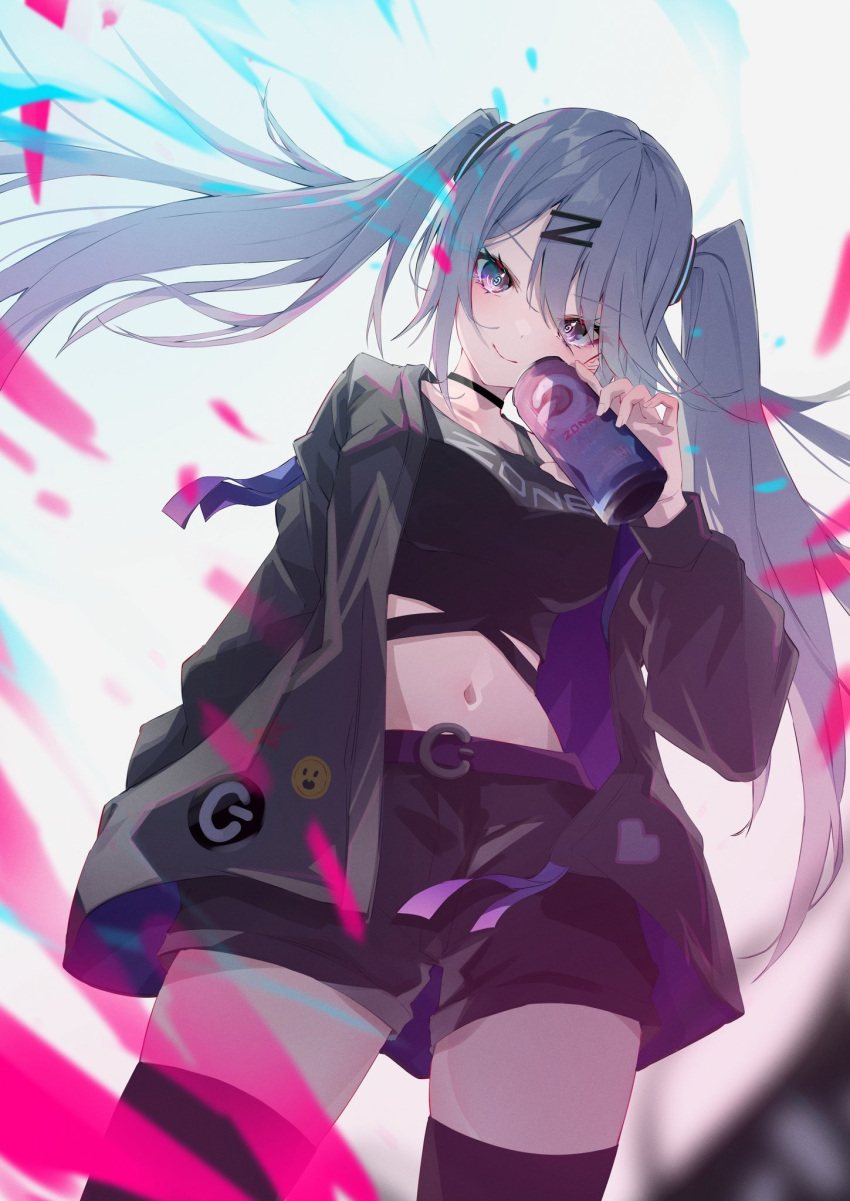 1girl belt black_jacket black_tank_top can croa76 dive_to_zone energy energy_drink grey_hair hair_ornament hair_tie hairclip highres holding holding_can jacket long_hair looking_at_viewer midriff patch power_symbol power_symbol-shaped_pupils product_girl short_shorts shorts smile tank_top thigh-highs twintails_day very_long_hair violet_eyes zone_(energy_drink) zonko