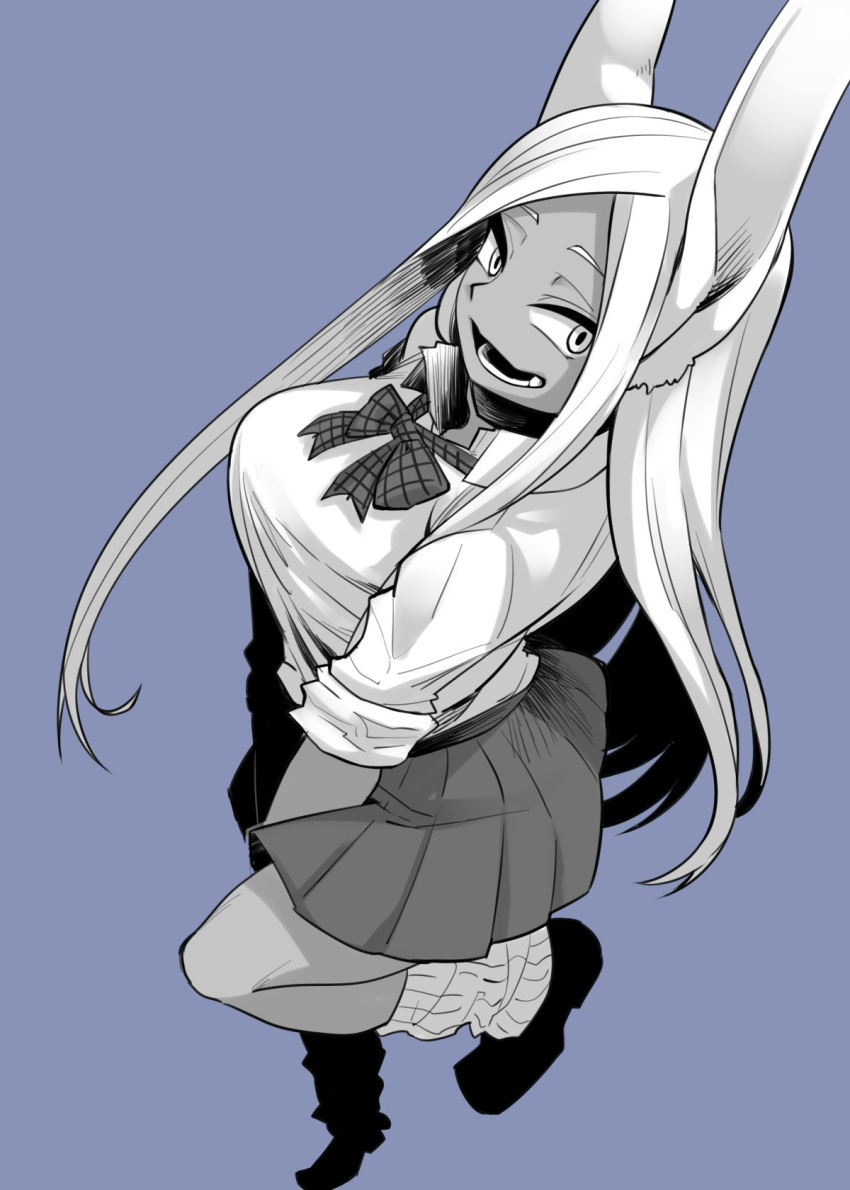 1girl animal_ears bangs blue_background boku_no_hero_academia bow bowtie breasts commentary_request dark-skinned_female dark_skin from_above full_body greyscale highres large_breasts long_eyelashes long_hair looking_at_viewer loose_socks mirko monochrome parted_bangs pleated_skirt poco_(pocopocomeron) rabbit_ears rabbit_girl school_uniform shoes skirt smile socks solo standing standing_on_one_leg white_hair