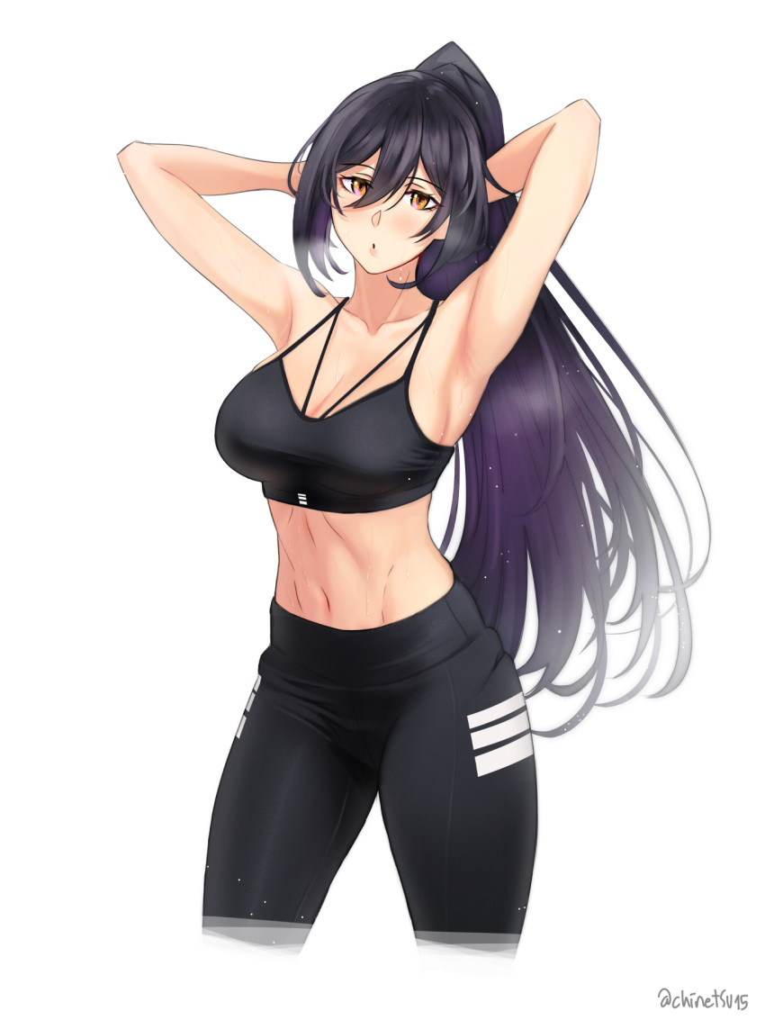 1girl armpits arms_up bangs bare_shoulders black_hair black_pants breasts chinetsu15 collarbone hair_between_eyes hands_in_hair highres idolmaster idolmaster_shiny_colors long_hair looking_at_viewer medium_breasts navel pants parted_lips ponytail shirase_sakuya sidelocks signature simple_background sports_bra sportswear stomach strap sweat white_background yellow_eyes