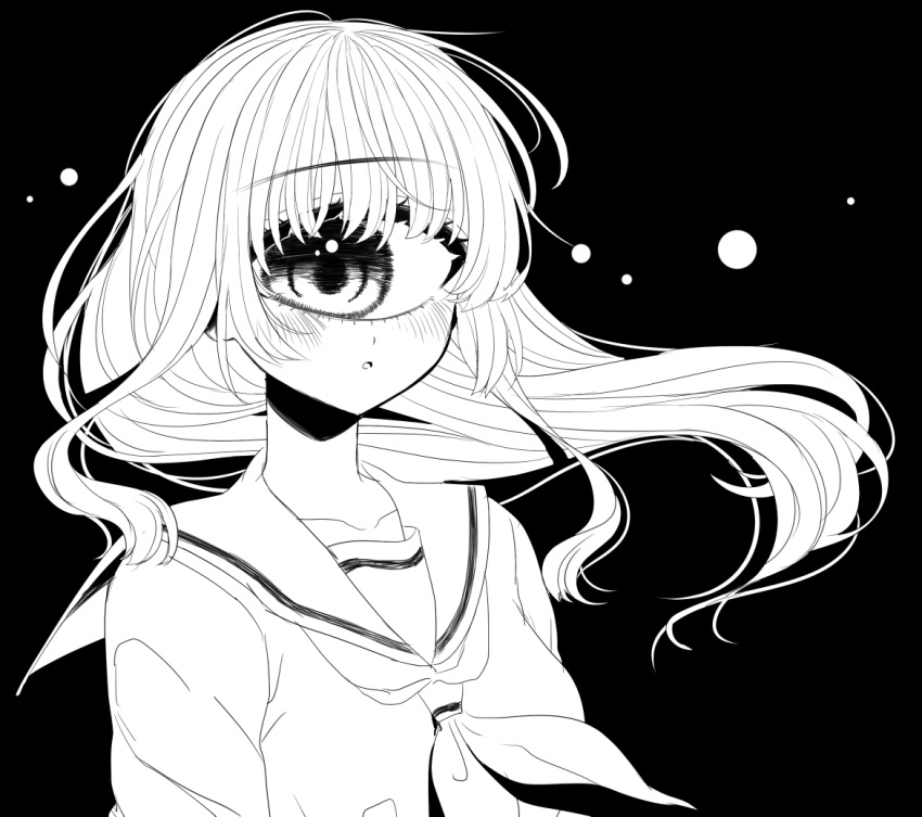 1girl bangs blush cyclops eyebrows_visible_through_hair floating_hair long_hair looking_to_the_side mntimccz monochrome monster_girl neckerchief one-eyed original parted_lips school_uniform serafuku sketch solo