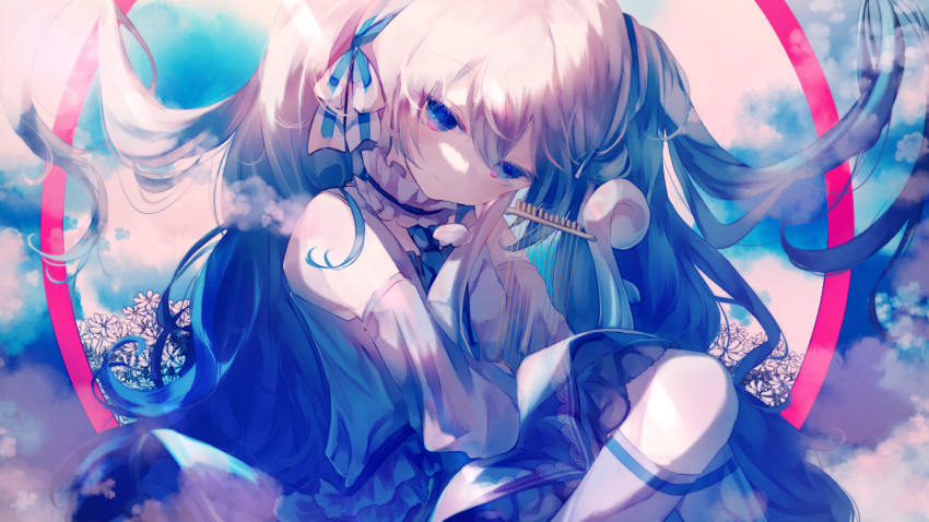 1girl bangs bare_shoulders blue_eyes blue_hair blue_skirt bow closed_mouth clouds collar commentary_request detached_collar detached_sleeves flower frilled_collar frills fuyuzuki_gato hair_between_eyes hair_bow hatsune_miku head_tilt highres kneehighs knees long_hair looking_at_viewer lyre partial_commentary shirt skirt sleeveless sleeveless_shirt smile solo twintails vocaloid white_flower white_legwear