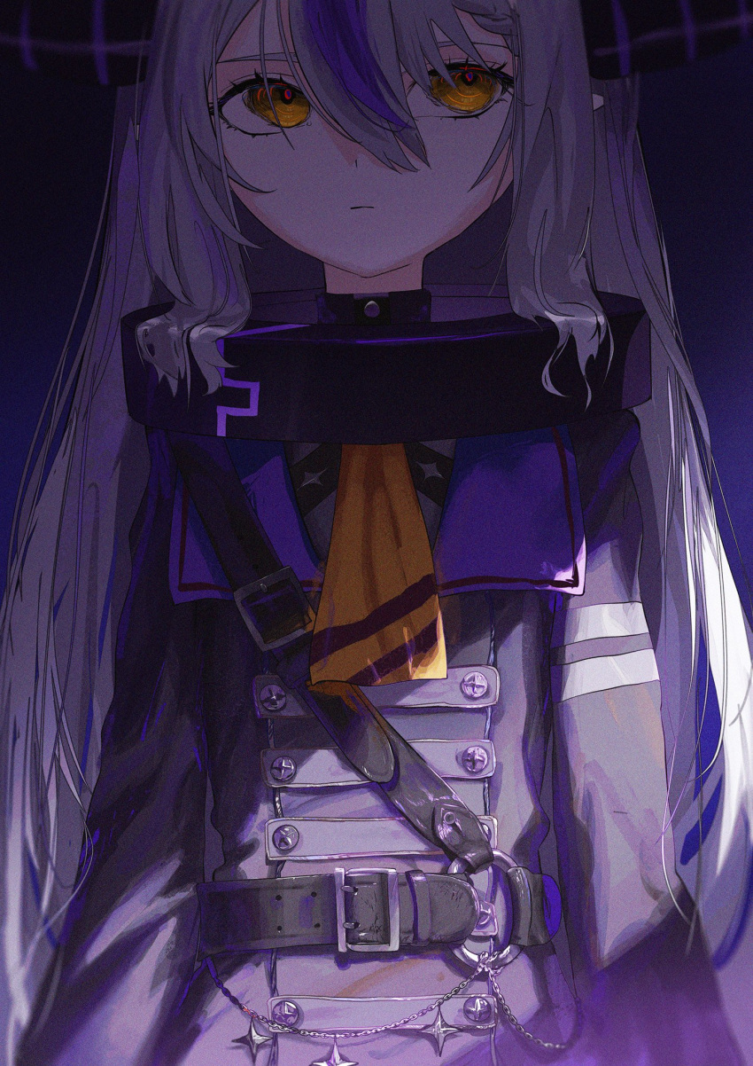 1girl ascot bangs black_jacket closed_mouth collar grey_hair hair_between_eyes highres hololive horns jacket la+_darknesss long_hair long_sleeves looking_away metal_collar purple_background roitz_(_roitz_) solo upper_body virtual_youtuber yellow_ascot